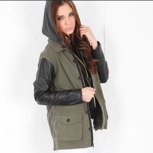 JOHN ECSHAYA GRREN COTTON JACKET GRAY FLEECE HOOD LAMBSKIN LEATHER SLEEV…